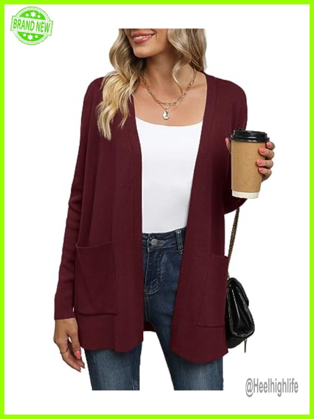 Open Front Cardigan Sweater with Pockets 100% Viscose Knit Loose Fit Long Sleeve